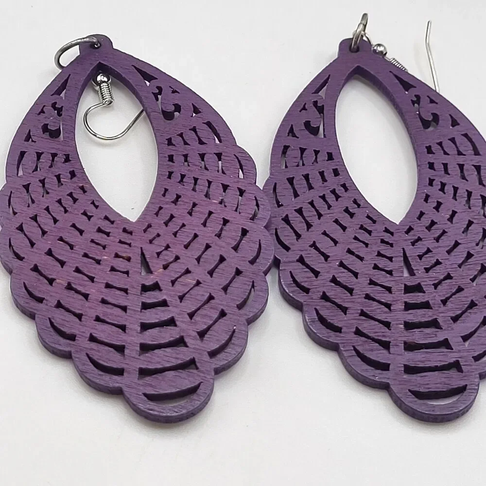 Purple Balsa Wood Laser Cut Lightweight Chunky Bold Earrings 4in